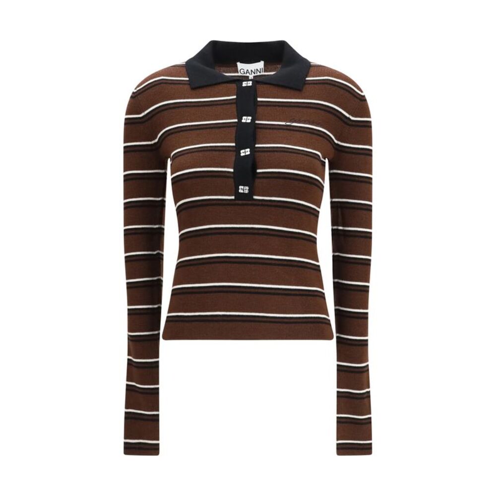 Ganni Women Striped Merino Polo Shirt